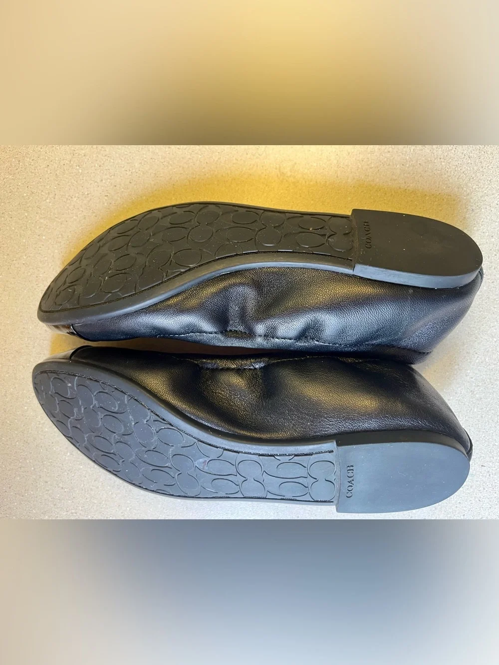 Coach Black Leather Ballet Flats with Patent Black Toe and Gold Logo. Sz: 7B